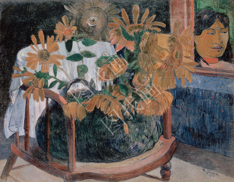 Still life with sunflowers on an armchair
